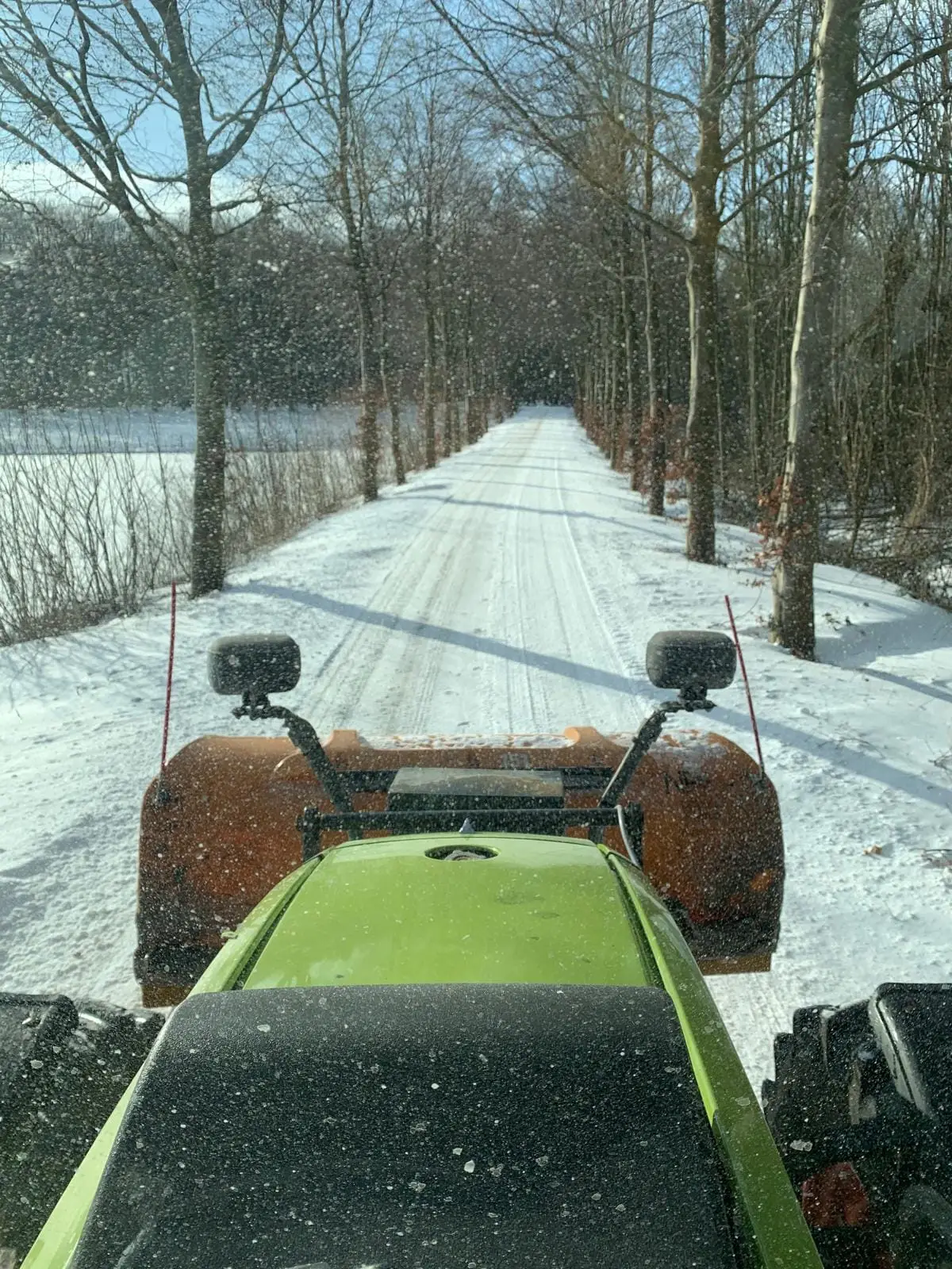 Sneeuw schuiven op een weg door het bos